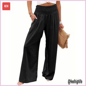 Linen Palazzo Pants High Waist Wide Leg Casual Lounge Pant
